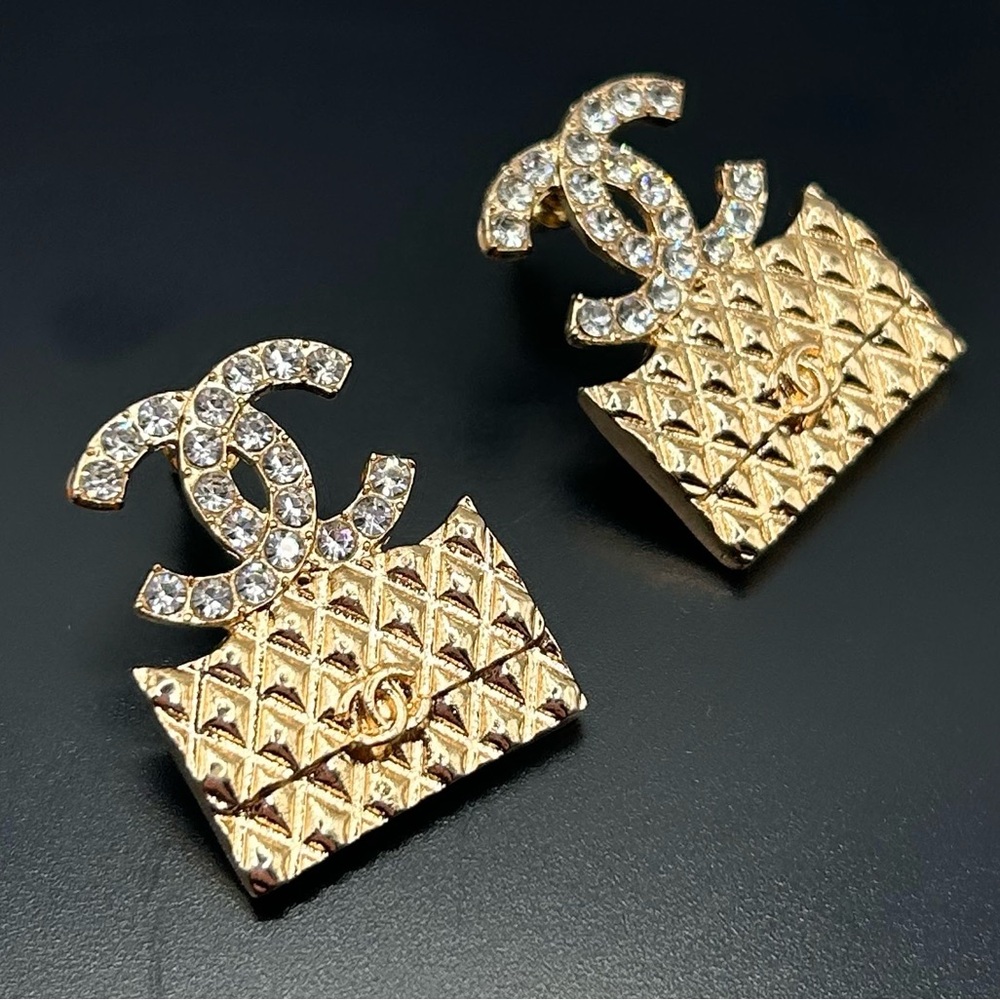 Gold and Rhinestone Monogram Clutch Purse Post Earrings